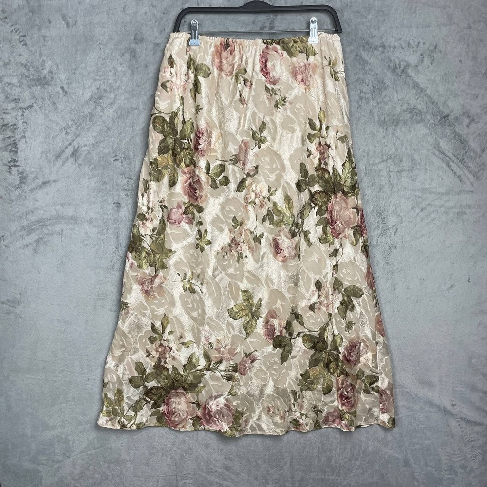 Vintage 90s Cottagecore Crinkle Satin Maxi Skirt Plus 18 Floral Stretch Waist - Picture 1 of 8